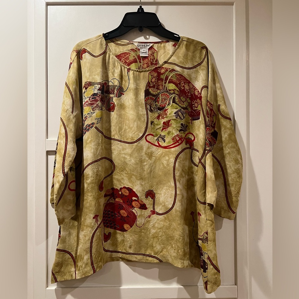 Citron Silk Asian Print Oversizedex Blouse top XS S M
